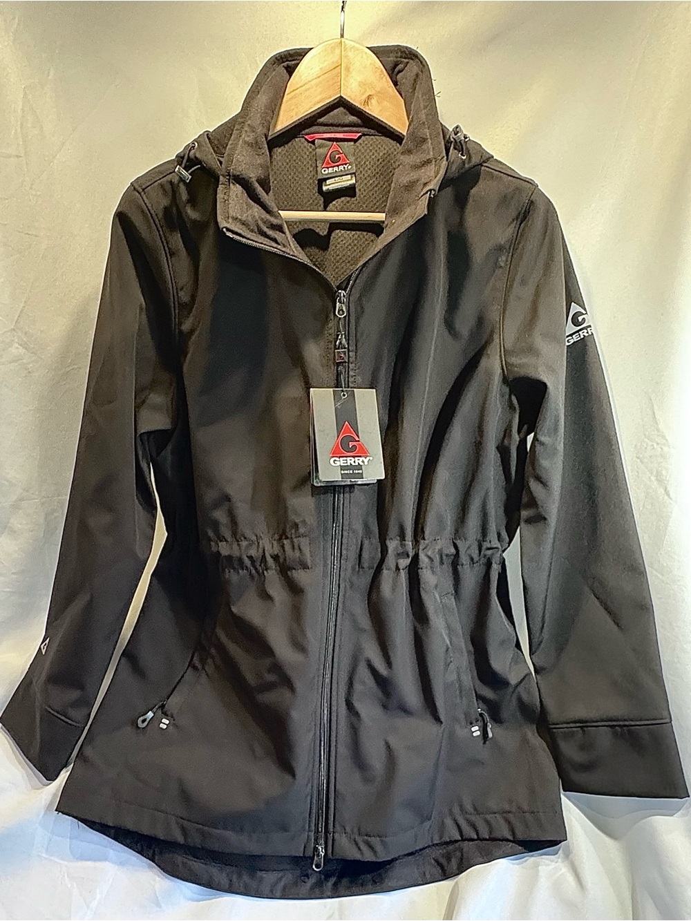 NWT GERRY Women's Large Black Hooded Jacket - Zip Front Windbreaker Softshell